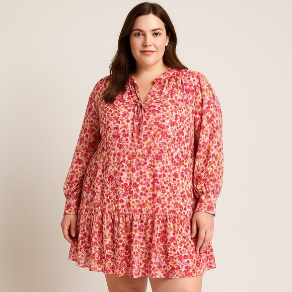 New! J Crew Dress Red Pink Floral Print Tiered Long Sleeves, size 3X‎ - Picture 1 of 16